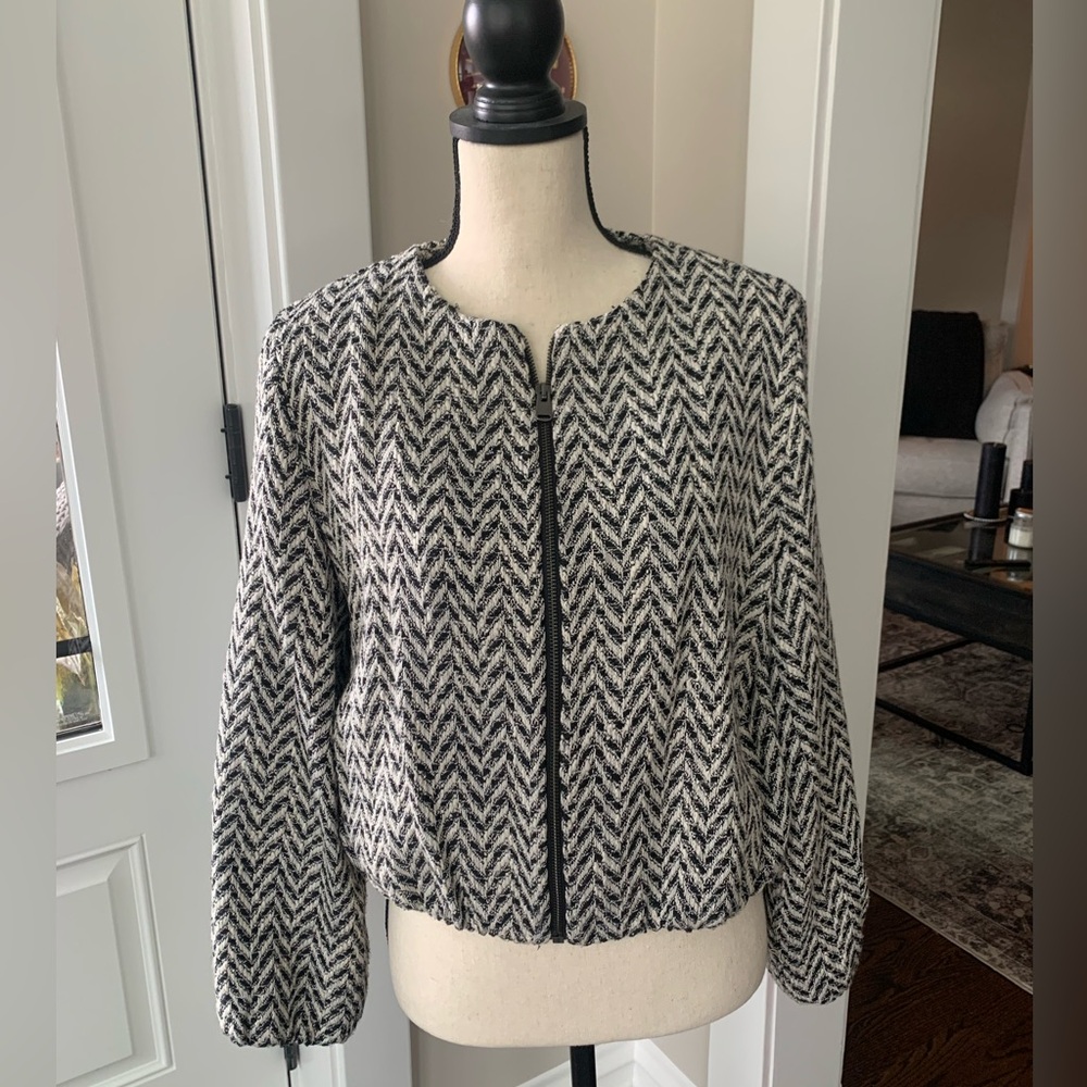 Zara Black and White Herringbone Bomber Blazer